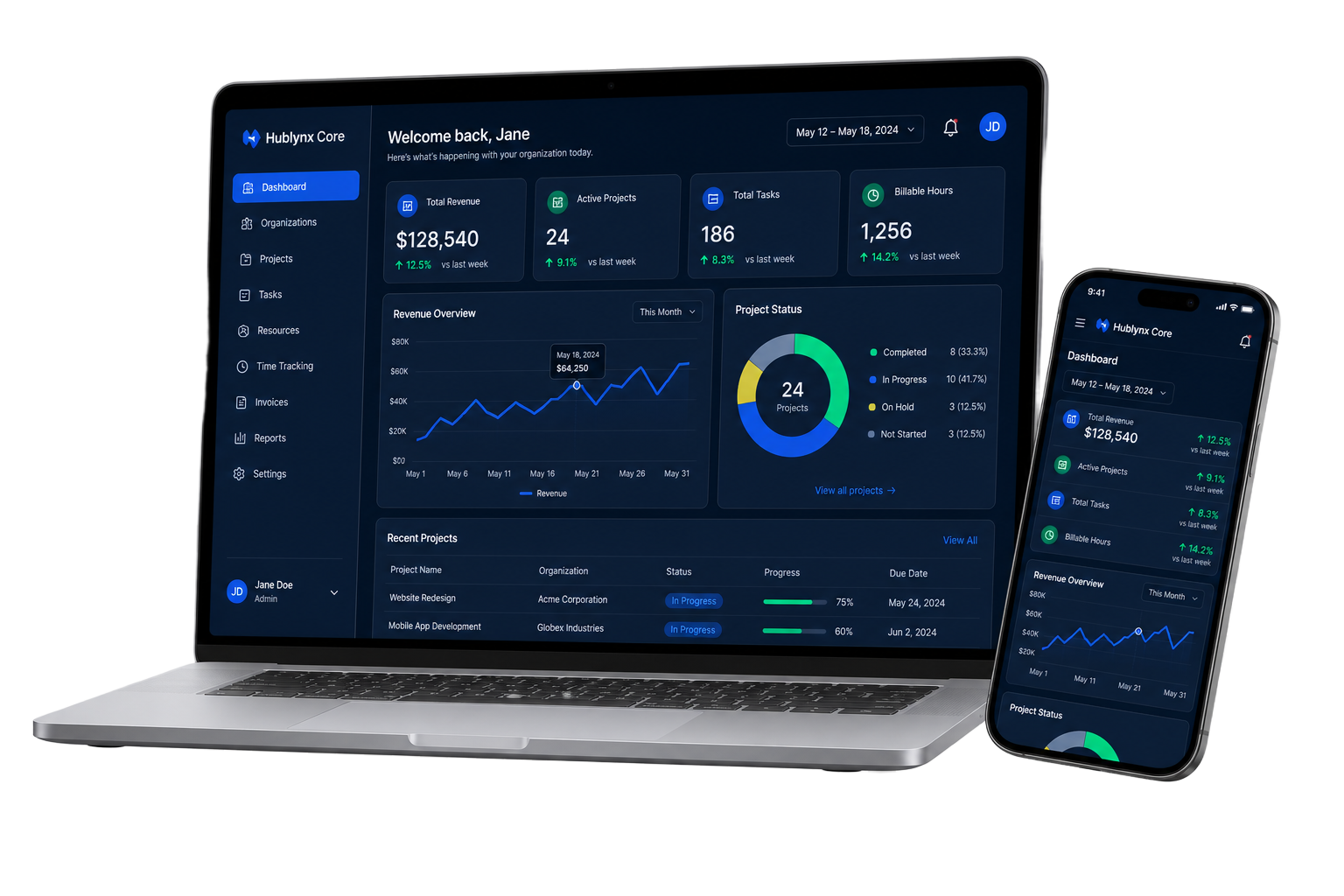 Mockup do sistema Hublynx Core em notebook e smartphone
